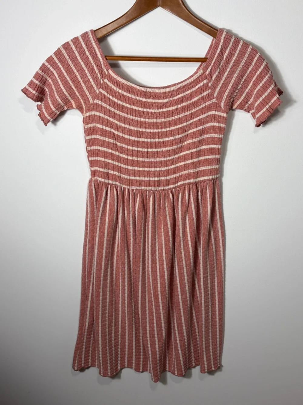 Altar’d State Smocked Stripe Mini Dress Off Shoulder Pink White Medium - Picture 2 of 3